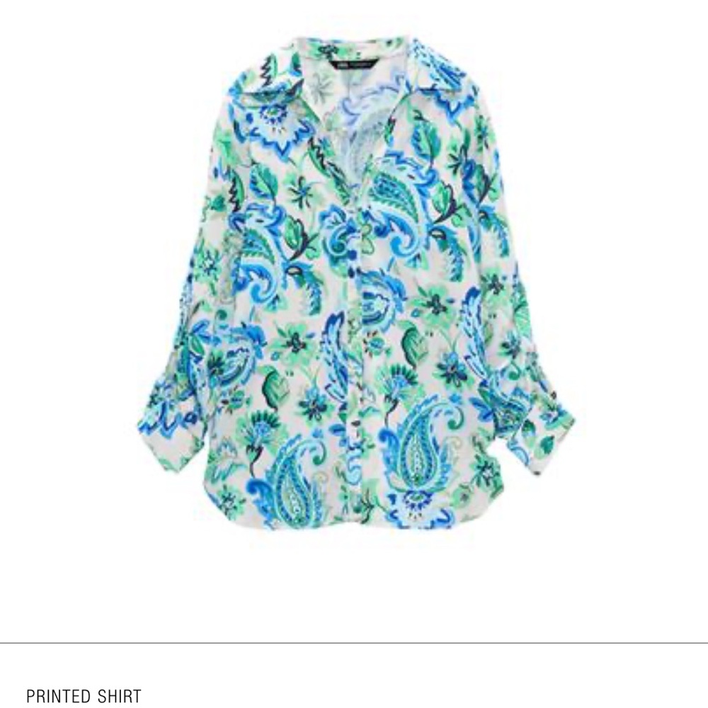 Zara Blue and Green Printed Button Down Shirt